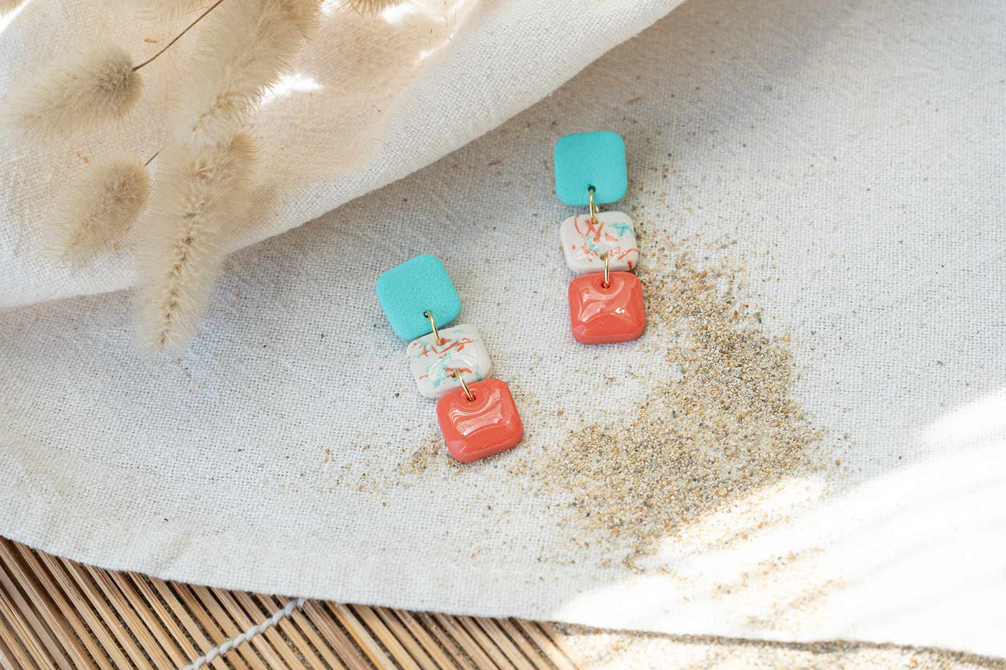 Pendientes CADENA CUADRADOS (coral & turquesa)  | Colección AMBULANTE 🎪 (exclusivos de feria)