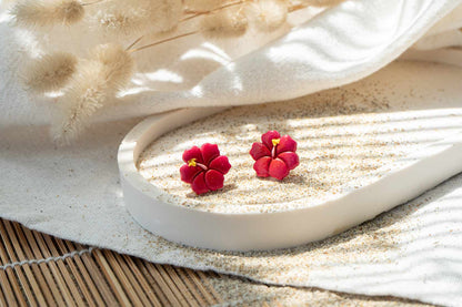 Pendientes flor de hibisco rojo carmín